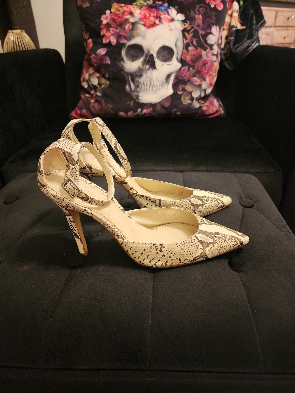 Colin Stuart Pointed Snake-Print Ankle-Strap Heels in Beige Size 7.5